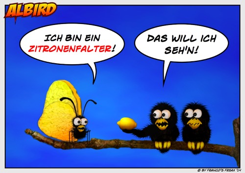 Cartoon: Der Zitronenfalter (medium) by AlterEgon tagged falter,zitronenfalter,albird,zitrone,vögel,knetfiguren,knetfigurencartoon