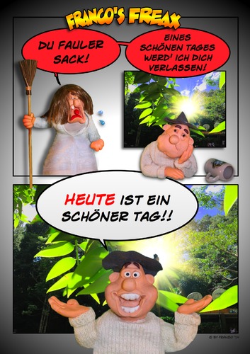 Cartoon: Ein schöner Tag (medium) by AlterEgon tagged frau,ehefrau,putzfrau,hausfrau,exfrau,nervensäge,beziehung,alter,ehekrise,scheidung,knetcartoon,knetfiguren,freax,faulheit,glück