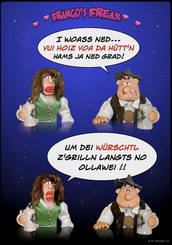 Cartoon: Holz vor der Hütte (medium) by AlterEgon tagged freax,franzi,holz,vor,der,hütte,oktoberfest,afterwiesn,nachtbar,oberweite,busen,körbchengrösse,schlagfertigkeit,dirndl,bayern,bayerisch,transe,alkohol,mass,bier,cartoon,knetfiguren