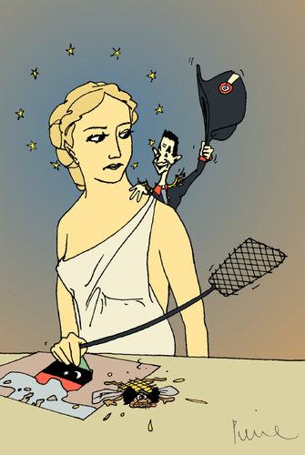 Cartoon: Sarkozy spielt Bonaparte (medium) by Pierre tagged luftangriff,sarkozy,arabellion,gaddafi,fliegenklatsche,libyen