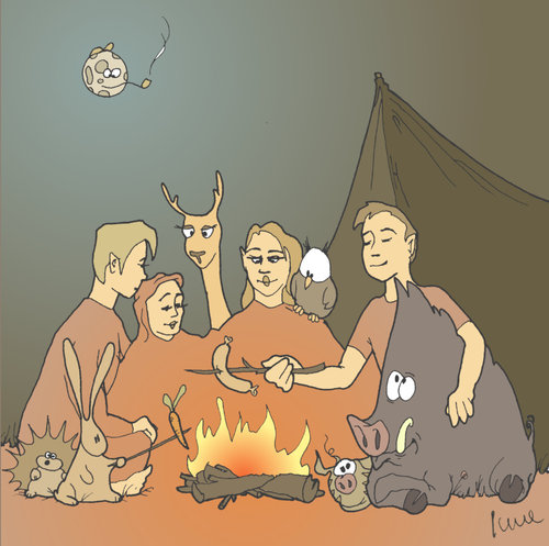 Cartoon: Zeltlager-Idylle (medium) by Pierre tagged idylle,romantik,möhre,igel,hase,reh,grillen,lagerfeuer,zelten,frischling,wildschwein,schwein,zeltlager