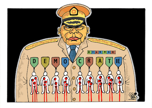 Cartoon: MYANMAR (medium) by Vejo tagged myanmar,coup,militairy,massacre,democracy