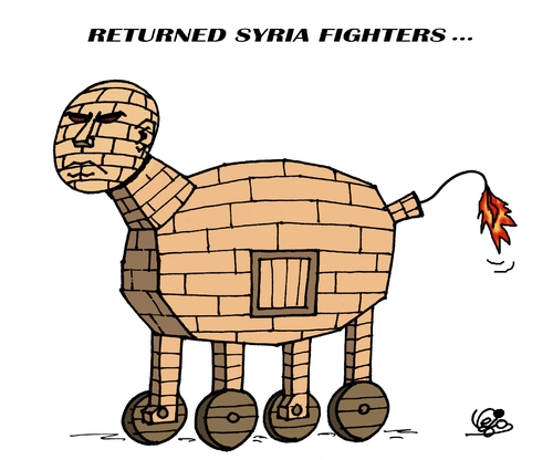 Cartoon: RETURNED SYRIA FIGHTERS... (medium) by Vejo tagged terrorism,victems,attack,brussels,syria