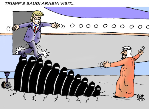 Cartoon: Trump Saudi Arabia visit ... (medium) by Vejo tagged trump,saudi,arabia,human,rights,terrorism,money,deals,weapons