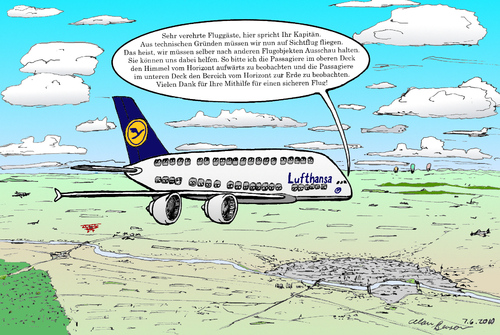 Cartoon: A380 auf Sichtflug (medium) by Alan tagged airbus,a380,lufthansa,sichtflug,flugzeug,flugobjekte,airplane,visual,flight