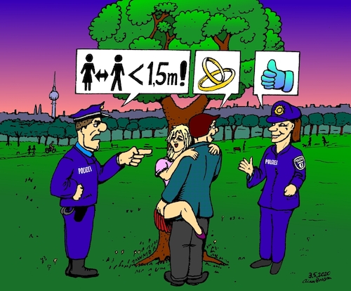 Cartoon: Abstand halten (medium) by Alan tagged abstandsregeln,verheiratete,polizei,berlin,fernsehturm,park,ringe,abstand,kleiner,covid,corona,eheleute,verheiratet,polizist,polizistin