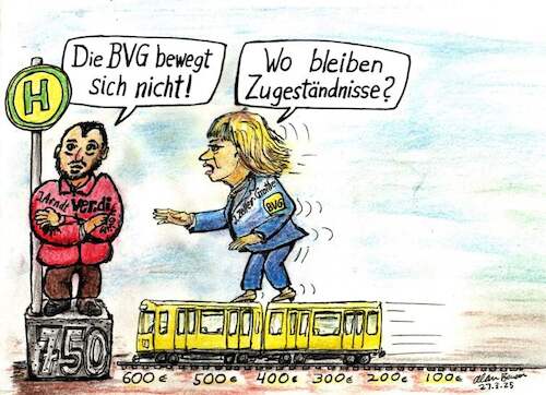 Cartoon: BVG-Streik (medium) by Alan tagged bvg,streik,verdi,berlin,ubahn,untergrundbahn,zugeständnisse,arndt,zeller,grothe,750,haltestelle,kompromisse,verhandeln,tarifrunde,verhandlung,bewegung