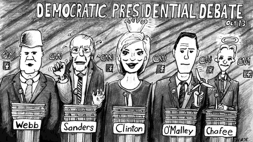 Cartoon: Democratic Presidential Debate (medium) by Alan tagged facebook,cnn,debate,presidential,democratic,chafee,omalley,clinton,hillary,sanders,webb