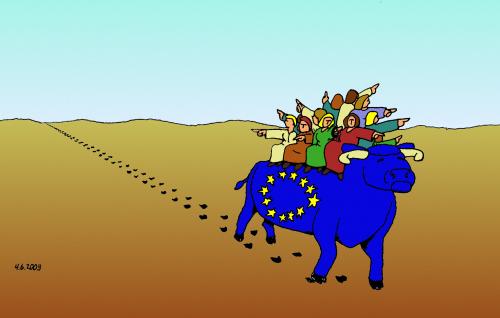 Cartoon: Europes Direction (medium) by Alan tagged europe,europa,bull,women,pointing,direction,richtung