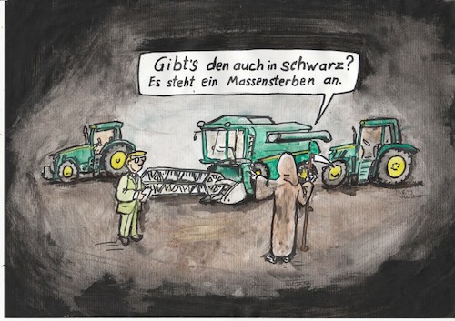 Cartoon: Mähdrescher in schwarz? (medium) by Alan tagged tod,sensenmann,mähdrescher,massensterben,schwarz,john,deere,tractor,combine,harvester