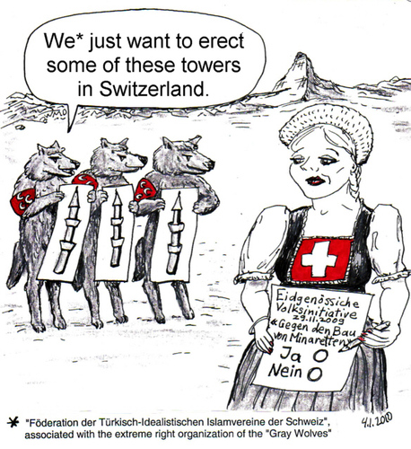 Cartoon: Minaret Ban (medium) by Alan tagged minarets,ban,switzerland,grey,wolves,swiss,miss,referendum,phallus