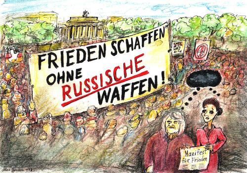 Cartoon: Ohne Russische Waffen (medium) by Alan tagged frieden,schaffen,russische,waffen,wagenknecht,schwarzer,brandenburger,tor,friedensdemo,berlin,ukrainekrieg,manifest