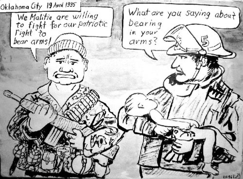 Cartoon: Oklahoma City 1995 (medium) by Alan tagged 1995,oklahoma,city,bombing,american,militia,mcveigh,bear,arms,fireman,firefighter,fields,dying,infant,baylee,almon,bombenattentat,milizionäre