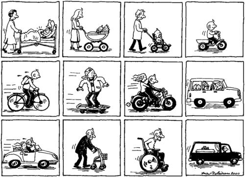 Cartoon: Life on wheels (medium) by deleuran tagged wheels,cars,bicycles,wheelchairs,life,driving,death,
