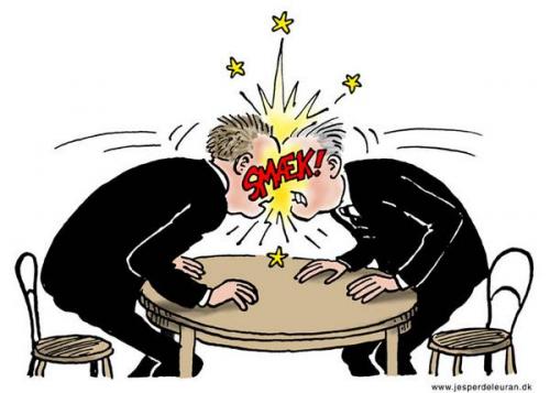 Cartoon: Negotiations (medium) by deleuran tagged business,negotiations,confrontation,collision,politics,