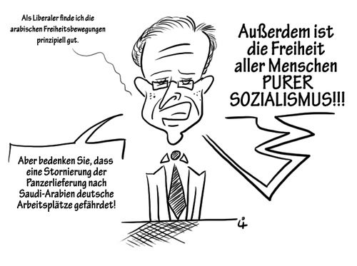 Cartoon: Argumente für Panzerlieferungen (medium) by elke lichtmann tagged guido,westerwelle,panzer,tanks,saudi,arabien,arabia,democracy,freedom,liberty,demokratie,freiheit,waffen,rüstung,weapons,wirtschaft,economy,arbeitsplätze,diktator,dictator,diktatur,dictatorship