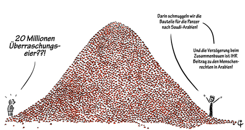 Cartoon: new smuggling (medium) by elke lichtmann tagged smuggle,panzer,tanks,eggs,kinder,überraschungseier,schmuggel,merkel,export,saudi,arabia,riad,arabien,demokratie,democracy