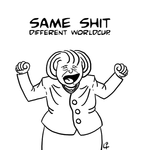 Cartoon: same shit different worldcup (medium) by elke lichtmann tagged merkel,jubel,jubilation,cheer,chancellor,kanzler,kanzlerin,fußball,football,soccer,goal,tor,worldcup,weltmeisterschaft,2006,2010,2011,frauen,männer