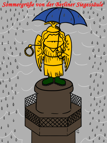 Cartoon: sommergrüße (medium) by elke lichtmann tagged sommer,regen,goldelse,siegessäule,berlin,grau,wolke,kalt