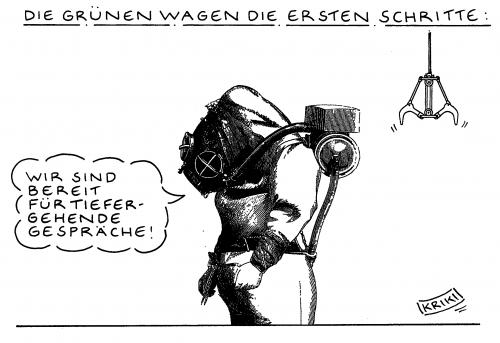 Cartoon: Tiefergehendes (medium) by Kriki tagged bündnis,90,grüne,parteien,koalitionen,,bündnis 90 grüne,partei,parteien,koalitionen,gespräche,verhandlungen,verhandlung,taucheranzug,tiefgründig,bündnis,90,grüne