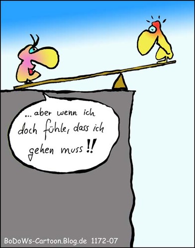 Cartoon: Heikle Beziehungs-Balance (medium) by BoDoW tagged weggehen,gleichgewicht,ungleichgewicht,balance,gehen,gefühl,kippe,wippe,abgrund,trennung,paar,beziehung