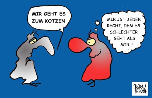 Cartoon: kleine aber herzlose Freude (medium) by BoDoW tagged schlecht,gehen,schadenfreude,herzlos,freude,vergleichen,besser,fühlen,kommunikation,beziehung,paar