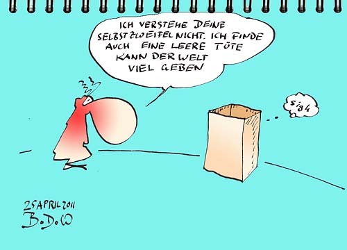 Cartoon: Leere Tüte - voller Optimismus (medium) by BoDoW tagged lebenssinn,sinn,ich,bin,wer,sinnlos,geben,welt,leer,selbstzweifel,optimismus,tüte