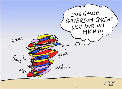 Cartoon: Mittelpunkt (medium) by BoDoW tagged um,sich,selber,drehen,durchdrehen,rotieren,ego,mittelpunkt,welt,ich,zentrum,universum,egomanie,anthropozentrisch,wirbeln,illusion