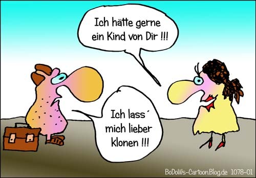 Cartoon: Von Kindern und Klonen (medium) by BoDoW tagged beziehung,paar,eitelkeit,kinderwunsch,kind,kinder,klon,klonen,fortpflanzung