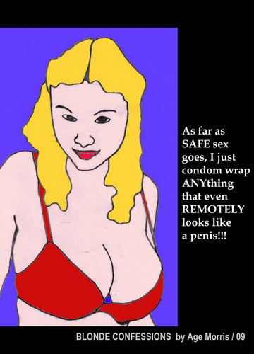 Cartoon: AM - Condom Wrap Anything (medium) by Age Morris tagged agemorris,blondconfessions,blondeconfessions,safesex,asfaras,condomwrap,anything,remotely,blondebabe,niceboobs,boobalicious,redbra,hotchick,condom,alwaysuseacondom,betterbesafethansorry