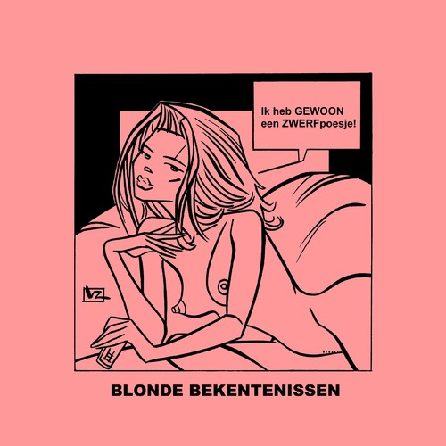 Cartoon: Blonde Bekentenissen - ZWERFpoes (medium) by Age Morris tagged cosmogirl,lekkerding,domblondje,blondje,dom,blondebekentenissen,overlevenenliefde,victorzilverberg,agemorris,relatie,poes,poesje,zwerfpoesje,muts,gewoon,naakt,lekker,kontje