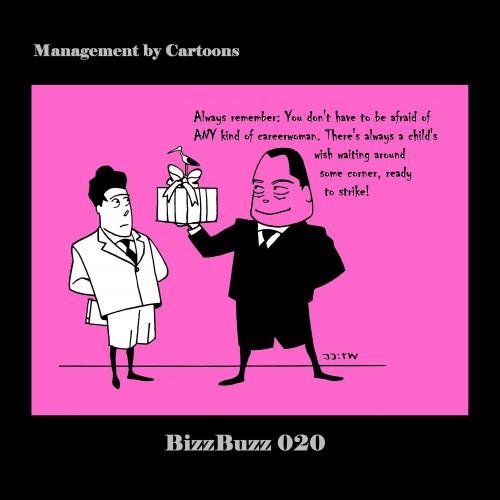 Cartoon: BizzBuzz Afraid of CareerWomen (medium) by MoArt Rotterdam tagged bizzbuzz,managementcartoons,managementadvice,officelife,businesscartoons,officesurvival,careerwoman,careerwomen,careerbabe,careerbitch,afraid,childwish,corner,strike