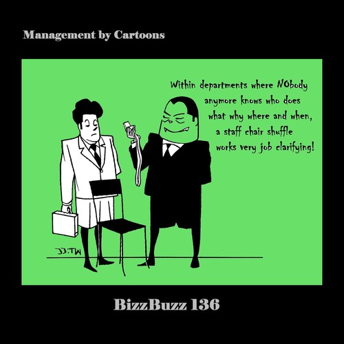 Cartoon: BizzBuzz Staff Chair Shuffle (medium) by MoArt Rotterdam tagged officesurvival,officelife,managementbycartoons,managementcartoons,businesscartoons,bizztoons,bizzbuzz,department,nobodyknows,whodoeswhatwhywhereandwhen,chairshuffle,job,jobclarifying