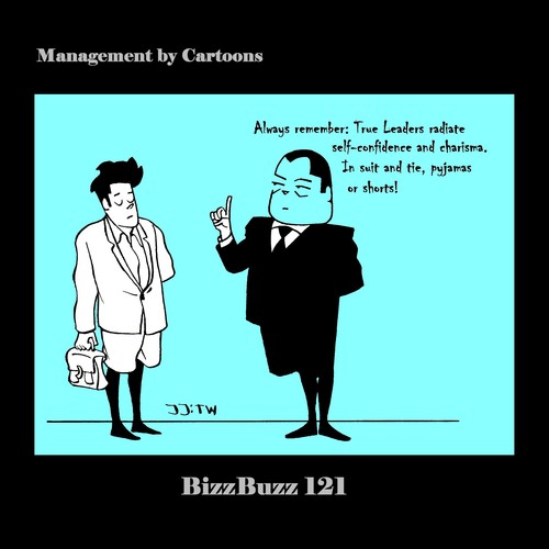 Cartoon: BizzBuzz True Leaders Radiate (medium) by MoArt Rotterdam tagged managementadvice,officesurvival,officelife,managementbycartoons,managementcartoons,businesscartoons,bizztoons,bizzbuzz,trueleaders,radiate,selfconfidence,charisma,suitandtie,pyjamas,pajamas,shorts,leadership