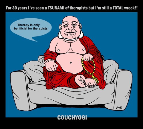 Cartoon: CouchYogi Tsunami of Therapists (medium) by MoArt Rotterdam tagged couchyogi,couchtalk,guru,gurutalk,spiritualadvice,therapy,therapists,tsunami,wreck,totalwreck,still