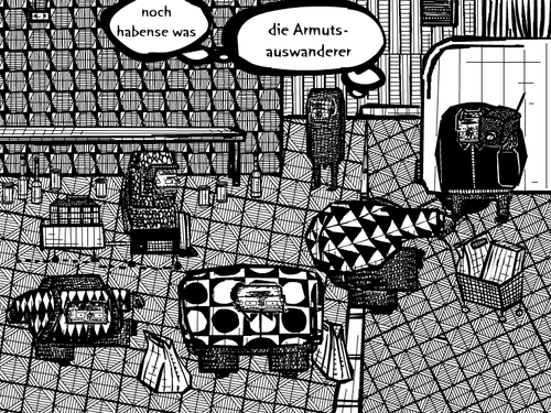 Cartoon: armutseinwanderung (medium) by bob schroeder tagged armutseinwanderung,armut,einwanderung,auswanderung,immigration,goodbye,deutschland,tv