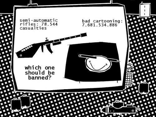 Cartoon: bad cartooning (medium) by bob schroeder tagged automatic,rifle,gun,weapon,violence,nra,casualty,victim,debate