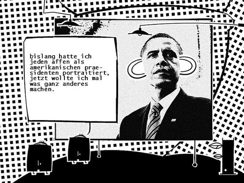 Cartoon: bislang (medium) by bob schroeder tagged vernissage,ausstellung,karikatur,bush,obama,praesident,amerika