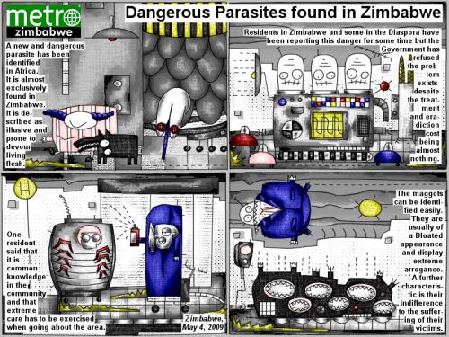 Cartoon: Dangerous Parasites Found (medium) by bob schroeder tagged comic,webcomic,africa,illusive,living,fleh,danger,government,problem,treatment,eradiction,care,maggots,extreme,arrogance,indifference