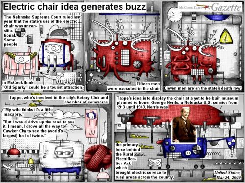 Cartoon: Electric chair idea (medium) by bob schroeder tagged comic,webcomic,electric,chair,old,sparky,tourist,attraction,execution,death,row,commerce,museum,george,norris,electrification,service