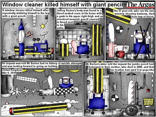 Cartoon: Killed himself with giant pencil (medium) by bob schroeder tagged comic,webcomic,window,cleaner,giant,pencil,stabbing,body,blood,room,home,gash,thigh,oversize,souvenir,ankle,business,loss,inquest,suicide,attempt,holiday,sister,jumbo,mother,brother,yoga,exercise