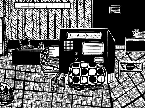 Cartoon: kontaktlos (medium) by bob schroeder tagged bezahlen,kontaktlos,scan,computer,einkaufen,job,kassierer,kasse