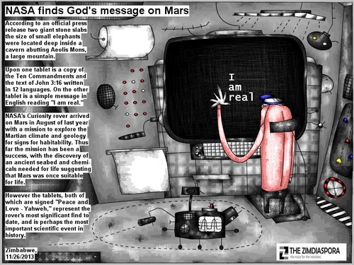 Cartoon: message from god (medium) by bob schroeder tagged nasa,message,god,mars,ten,commandments,curiosity,rover,mission,science
