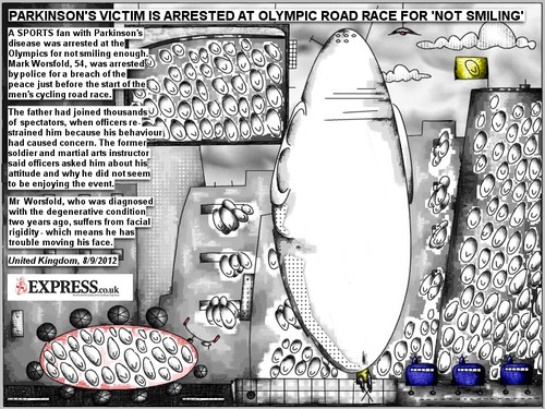 Cartoon: parkinsons (medium) by bob schroeder tagged parkinsons,victim,olympics,games,road,race,smile,rigid,face,sport,disease,police,cycling,spectator,event