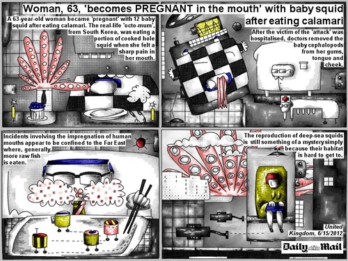 Cartoon: pregnant in the mouth (medium) by bob schroeder tagged woman,pregnancy,baby,squid,mouth,calamari,octomum,impregnation,fish,mystery,habitat,doctor