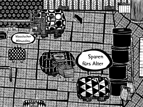 Cartoon: sparen fuers alter (medium) by bob schroeder tagged kapital,altersvorsorge,rente,ruecklage,erosion,sparkultur,minuszins,sparen,weltspartag