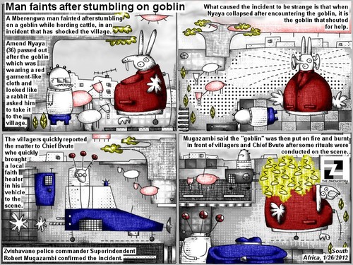 Cartoon: stumbling on goblin (medium) by bob schroeder tagged man,goblin,rabbit,cattle,faith,healer,chief,help,demon