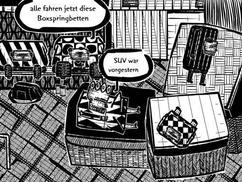 Cartoon: suv (medium) by bob schroeder tagged suv,boxspringbett,urban,mode,modell