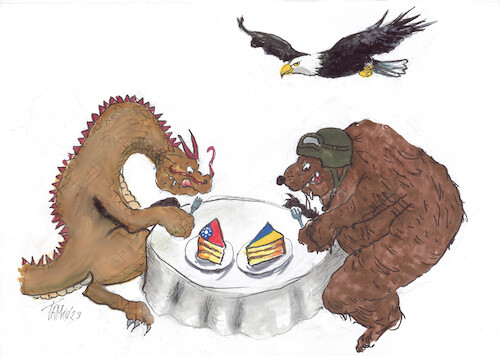 Cartoon: Dessert (medium) by Skowronek tagged russland,ukraine,krieg,bombe,raketen,putin,taiwan,china,drache,bär