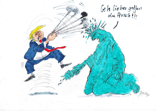 Cartoon: Golf Schläger (medium) by Skowronek tagged trump,golf,usa,freiheitsstatue,impeachment,amtsenthebungsverfahren,skowronek,cartoon,kapitol,kongress,senat,rechtsradikale,republikaner,demokraten